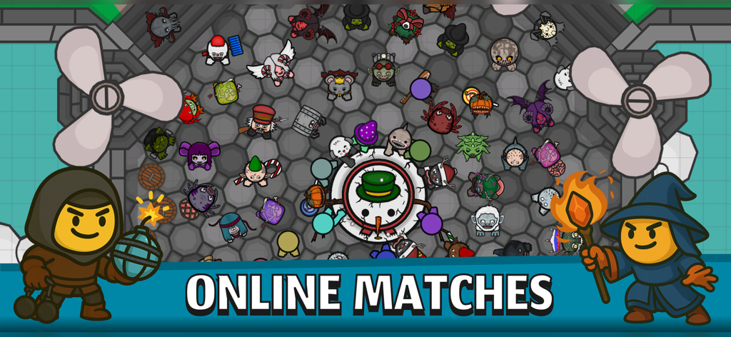 A 2D game screen showing a large group of unique characters in an online battle royale match