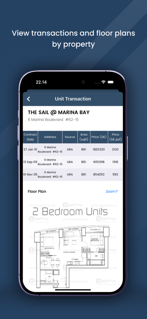 EdgeProp Analytics app interface showing historical unit transactions and a 2 bedroom floor plan for The Sail at Marina Bay.