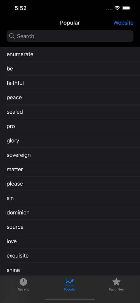 Sign ASL - A tela de palavras populares do aplicativo Sign ASL listando vários termos de vocabulário para linguagem de sinais