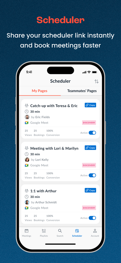 Avoma - The scheduler interface of the Avoma mobile app showing various meeting booking pages and shareable links