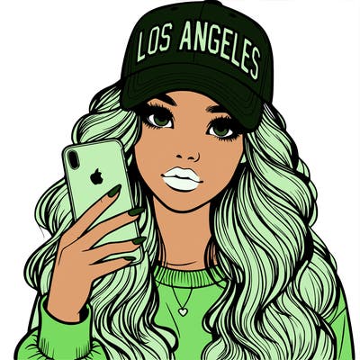 realistic beautiful girl wearing los ángeles cap holding an iphone