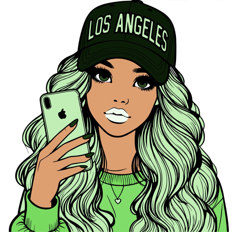 realistic beautiful girl wearing los ángeles cap holding an iphone
