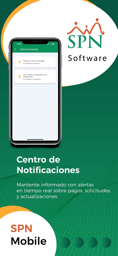 SPN Software - Centro de notificaciones de la aplicación móvil SPN Software que muestra alertas de RR. HH. y mensajes de cumpleaños