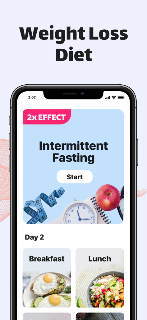 Mobile app screen showing weight loss diet plans with intermittent fasting and healthy breakfast and lunch ideas.
