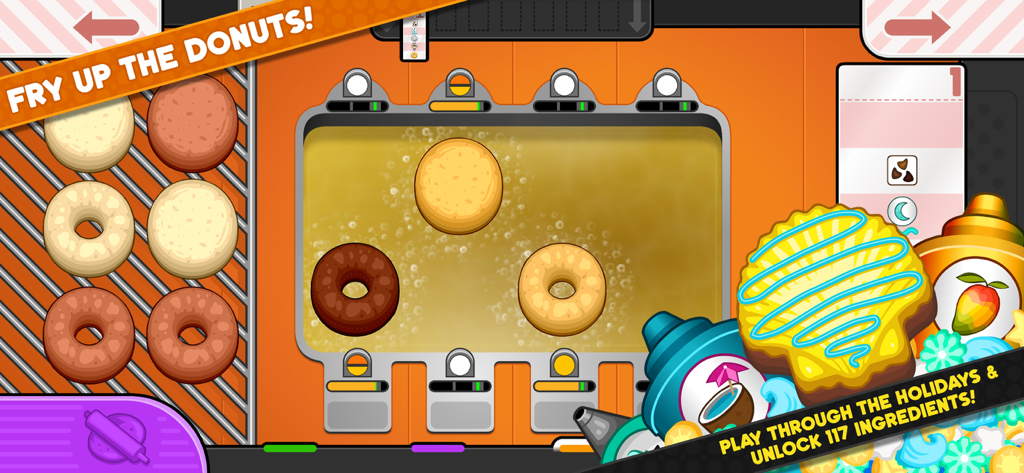 Gameplay screen of Papa's Donuteria To Go showing donuts being cooked in a fryer at the fry station.