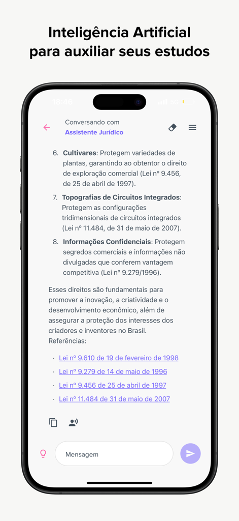 Vade Mecum 2026: JurisHand AI - JurisHand AI legal assistant interface showing law explanations and references in Portuguese.