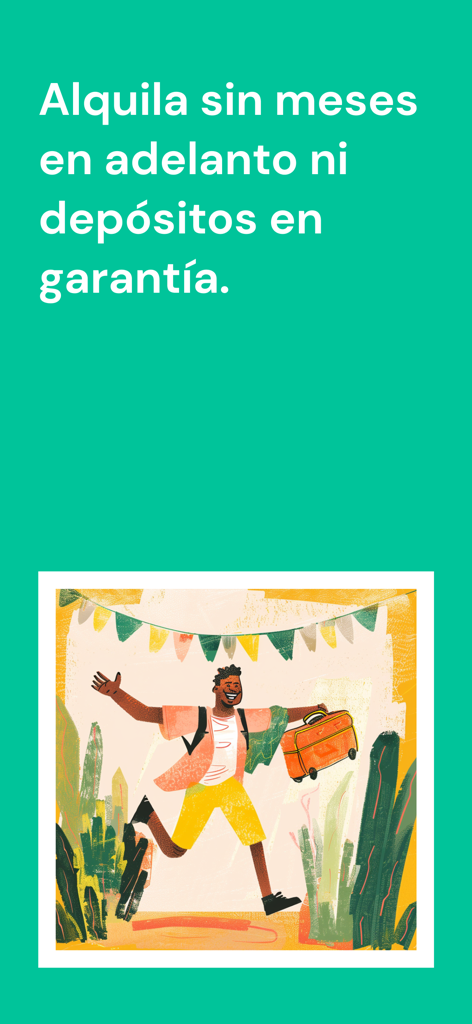 Quarto - Ilustración de un hombre corriendo con una maleta y texto en español sobre alquilar sin pagos por adelantado ni depósitos de seguridad.