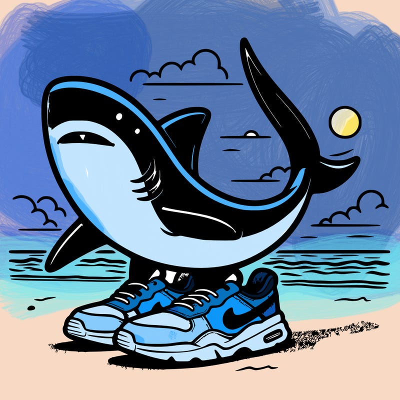 on the beach a shark spins the sand with 3 legs poping out blue and pure blue white belly with nike sneakers