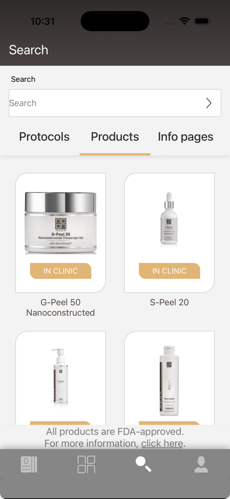 NOON Aesthetics - The NOON Aesthetics app interface displaying professional skincare products like G-Peel 50 and S-Peel 20 for in-clinic use.