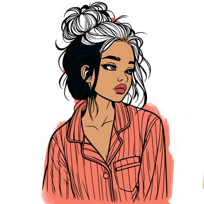 realistic woman with pajamas on and a messy bun
