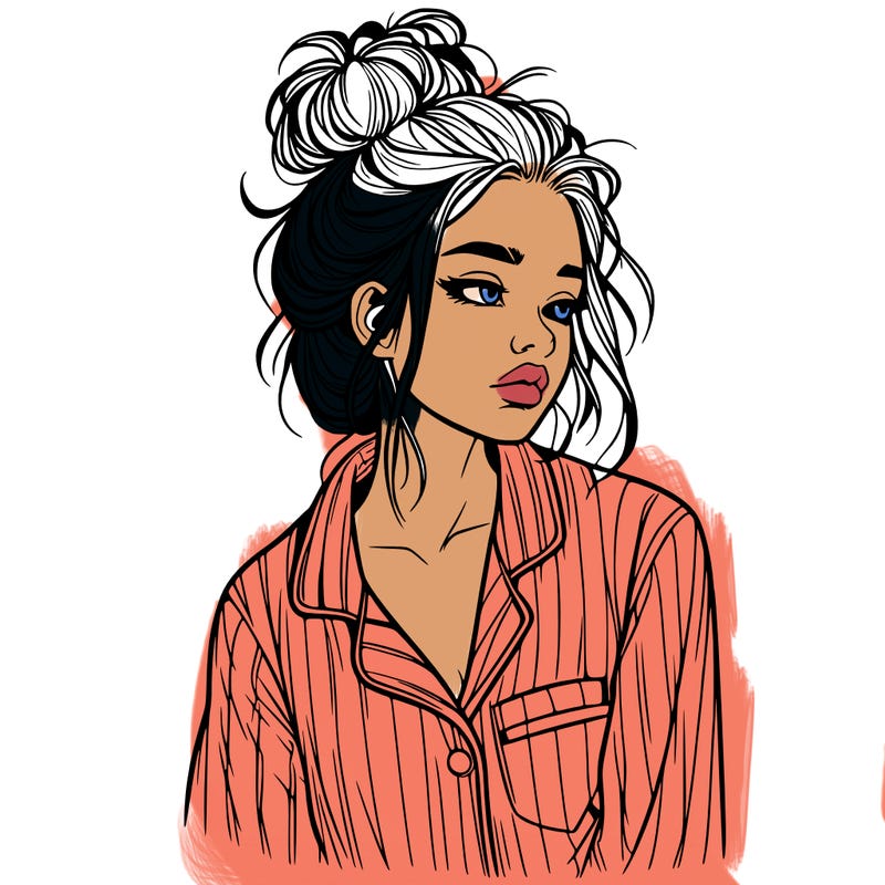 realistic woman with pajamas on and a messy bun