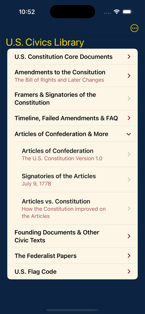 Main menu of the U.S. Civics Library app featuring documents like the Constitution, Federalist Papers, and Articles of Confederation.