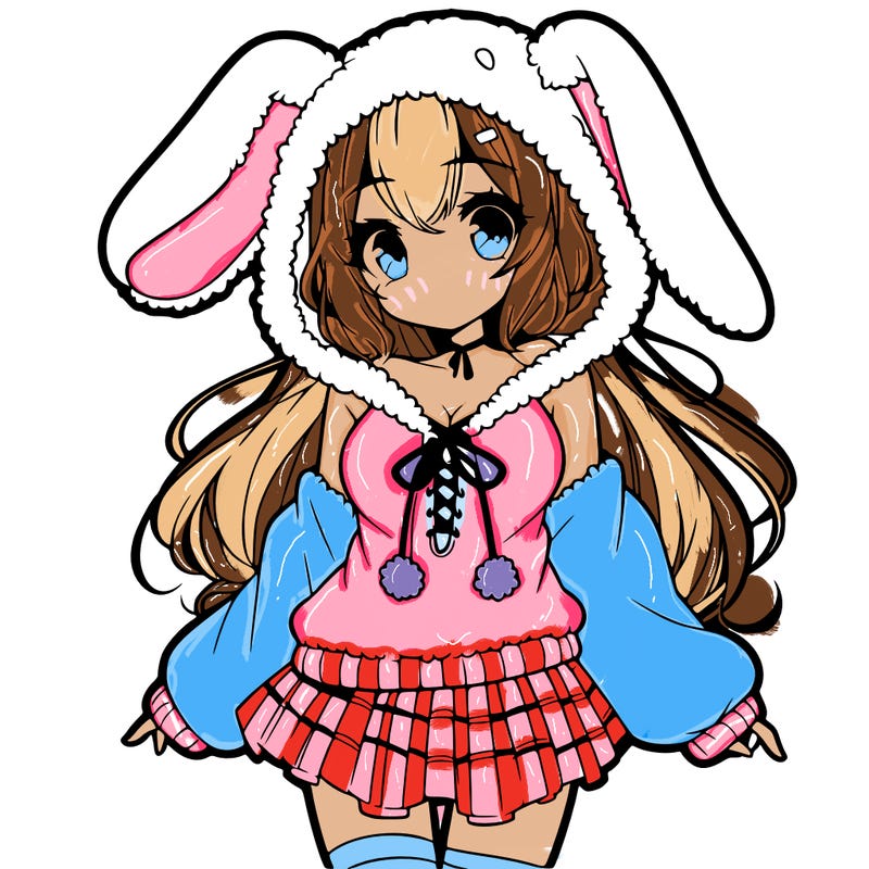 pretty anime girl wearing a fluffy hoodie with bunny ears on the hood and a skirt