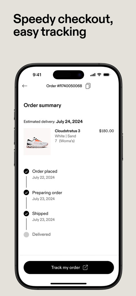 On: Shop Shoes & Apparel - Order summary and tracking screen in the On shopping app showing shipping status for running shoes