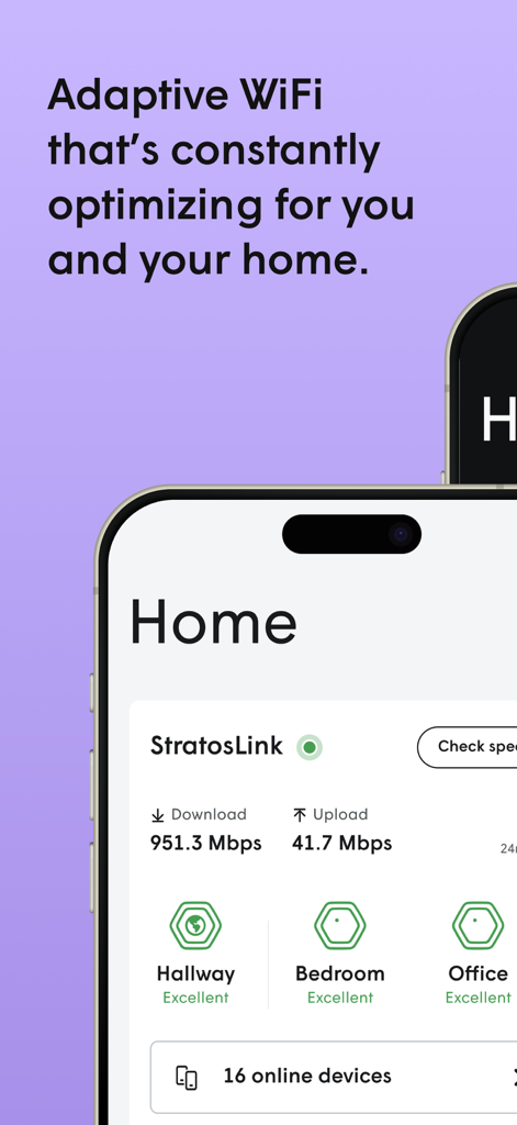 Plume Home app interface showing home network status and wifi optimization