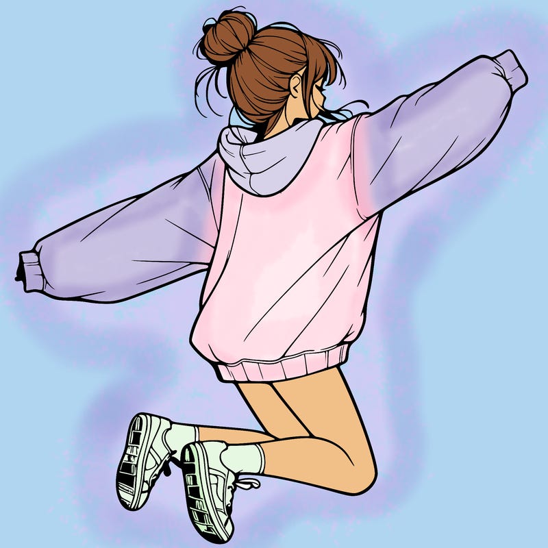 realistic girl jumping with a bun and oversized sweatshirt