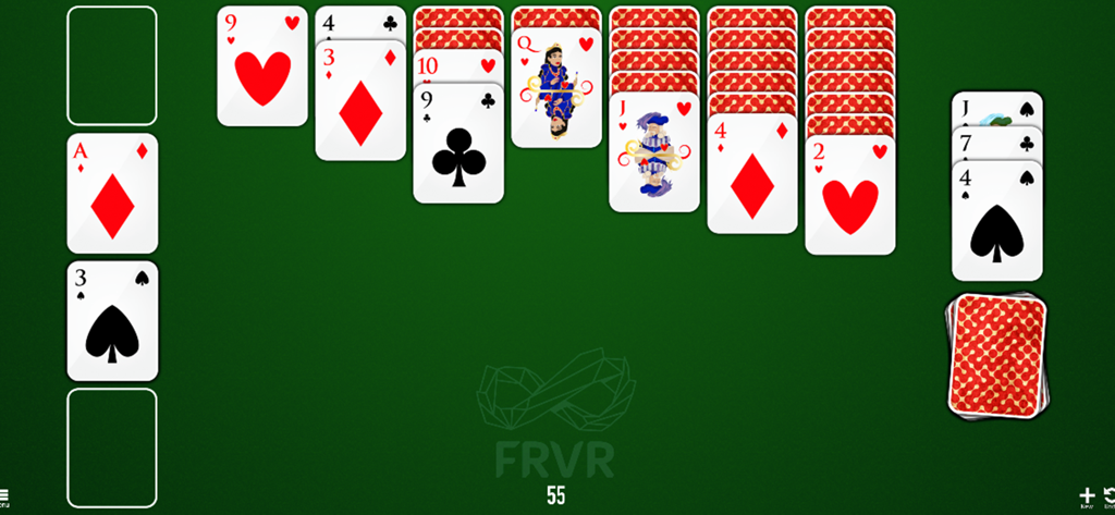 Classic Klondike Solitaire gameplay in landscape mode on a green background