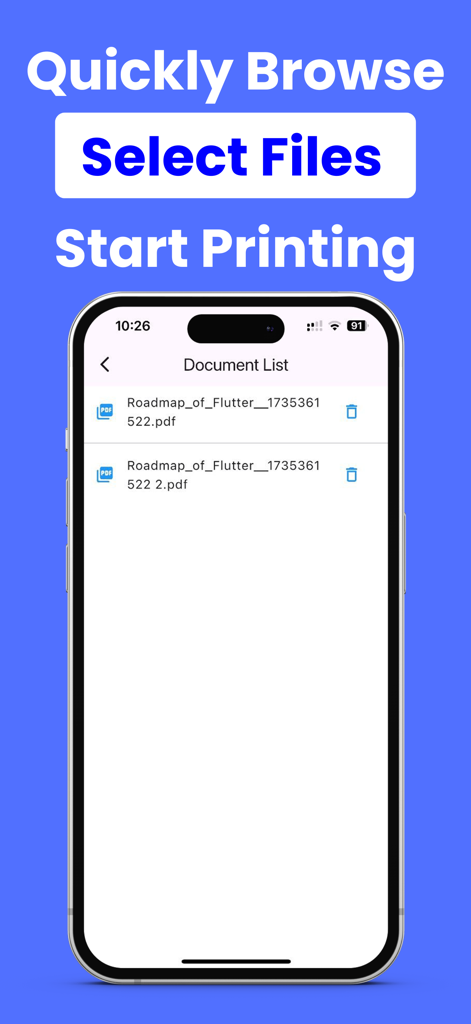 Printer App Smart Printer・ - Interface of the smart printer app showing a document list for quick file selection and printing on an iPhone screen