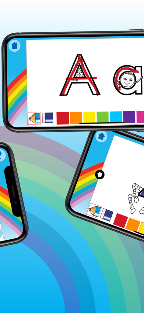 Interfaz de la aplicación Letterland Rainbow Writing que muestra el trazado de la letra A con flechas guiadas y colores