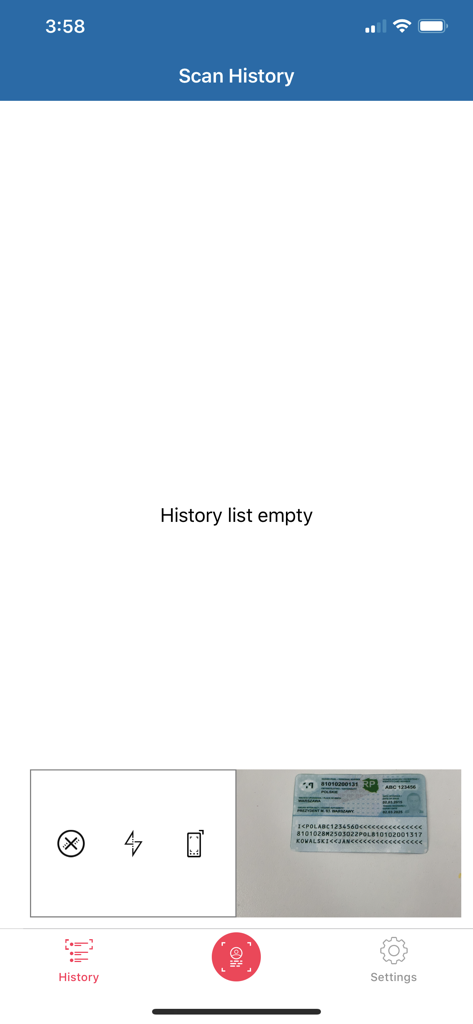 Interface of the MRZ Scanner PRO app showing an empty scan history list and a preview of a scanned identity card.