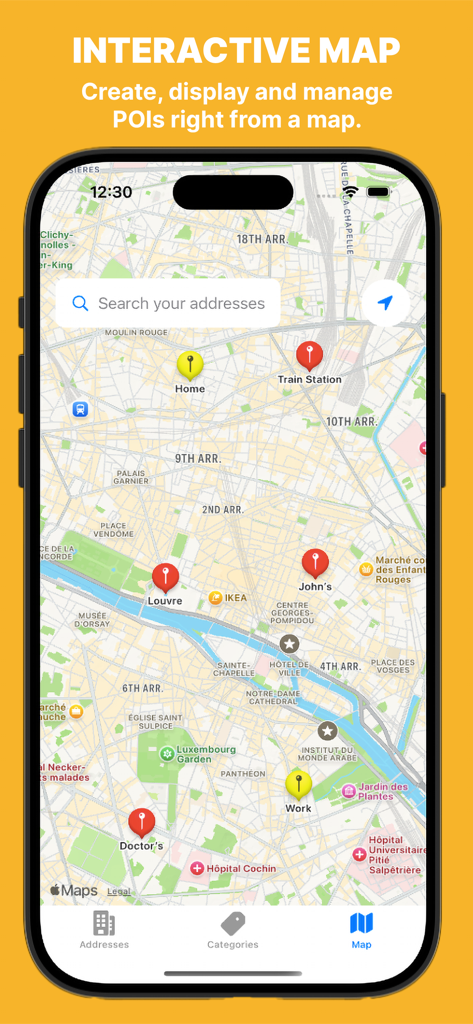 Maps Address Book - Interactive map screen showing custom pins for saved addresses and points of interest