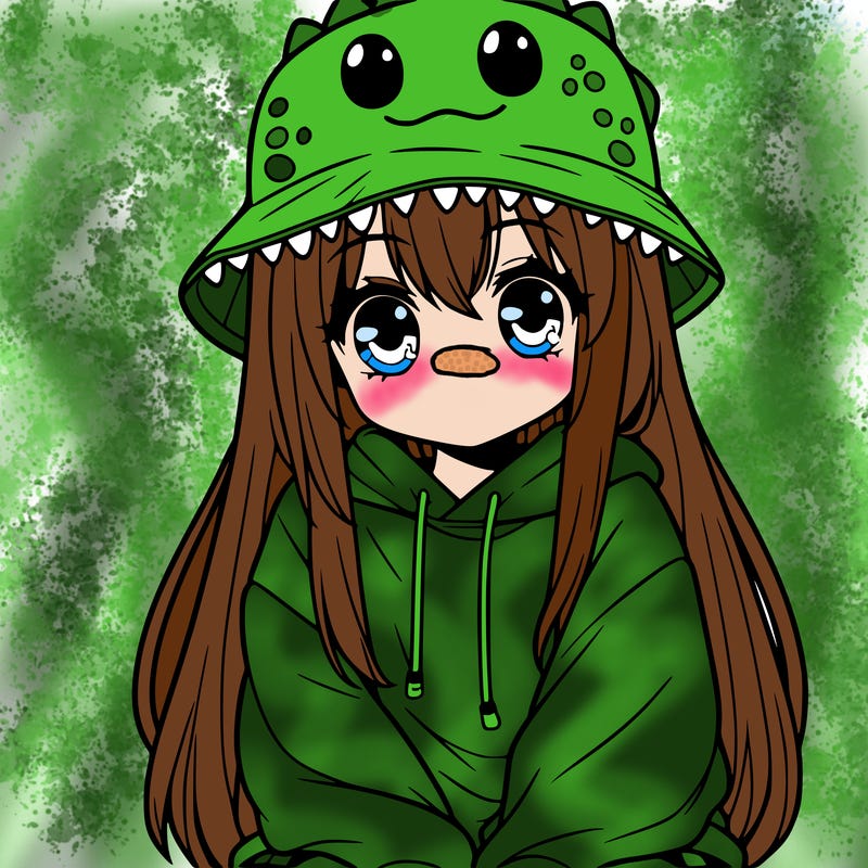 girl with anime shaped eyes with a dinosaur bucket hat oversized sweatshirt long straight hair