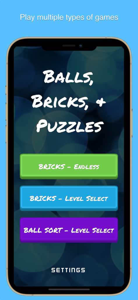 Balls, Bricks, & Puzzles - Main menu of Balls Bricks and Puzzles mobile game showing game mode selection buttons