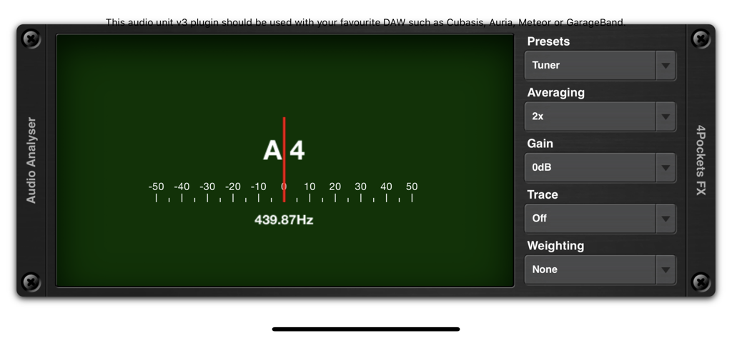 Digital tuner interface of the Analyser and Tuner AUv3 plugin showing note A4 at 439.87Hz
