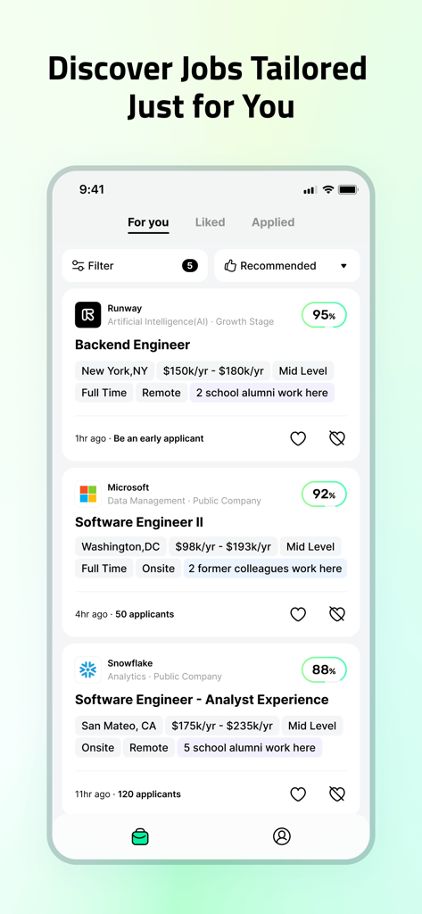 Jobright - AI Job Search - Personalized job feed in the Jobright app showing AI match scores and job details for engineering roles