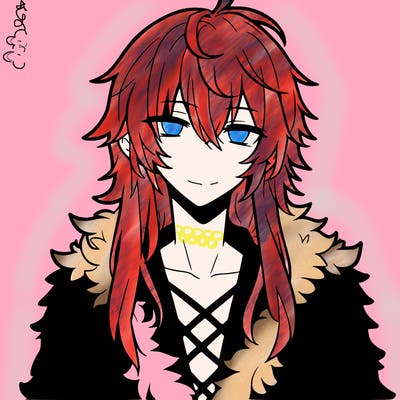 anime guy, long white hair, a red fluffy shirt