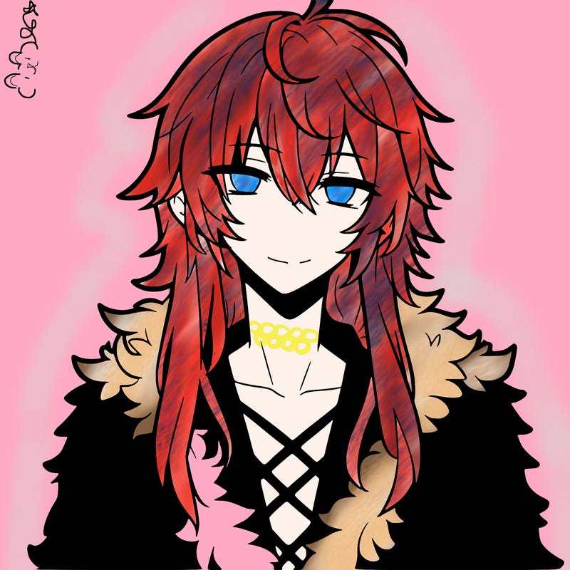 anime guy, long white hair, a red fluffy shirt