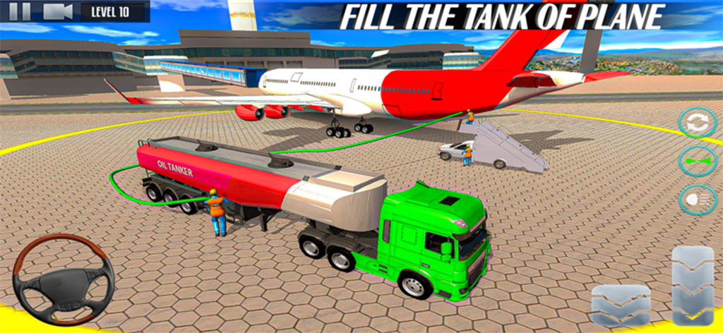 Truck Games – Truck Simulator - Un camión verde y un camión cisterna repostando combustible a un gran avión en un aeropuerto en un juego de simulación 3D.