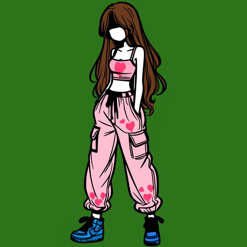 girl in baggy pants crop top and long hair