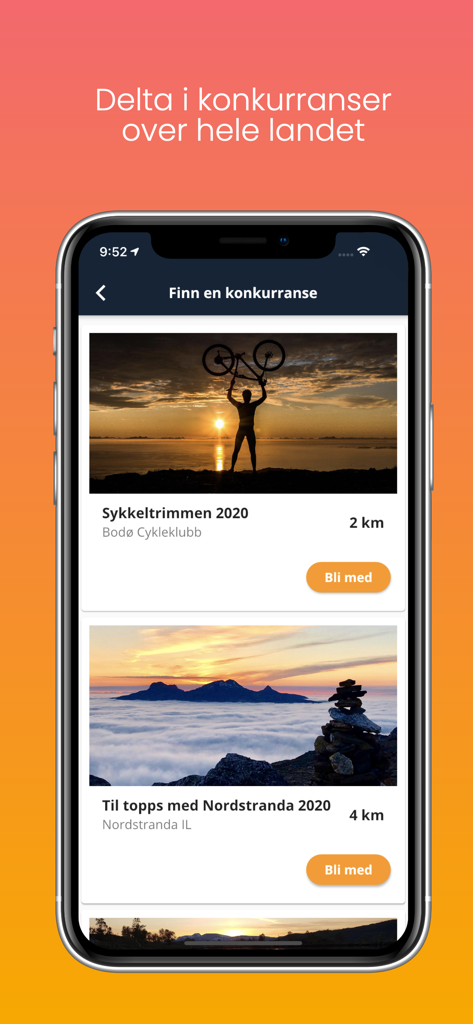 Trimpoeng - Trimpoeng mobile app showing a list of outdoor hiking and cycling competitions with beautiful scenic photos