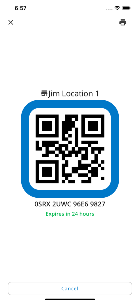 A QR code for Jim Location 1 within the Jolt workforce management app with a 24-hour expiration notice.