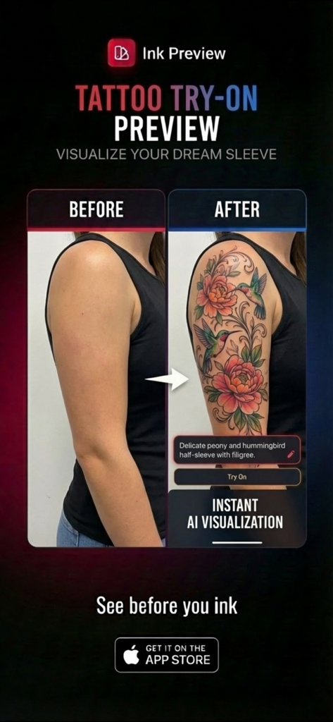 Tattoo AI Designer InkPreview - Comparação antes e depois de uma visualização de tatuagem de beija-flor floral em um braço de mulher usando a visualização Ink Preview AI.