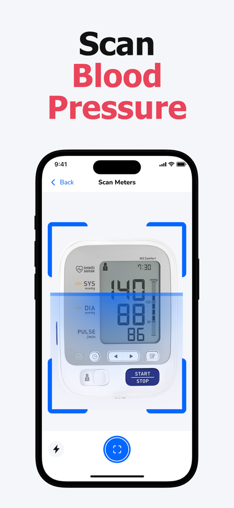 Blood Pressure ◦ Smart Tracker - An iPhone screen using a camera-based scanner to read systolic and diastolic blood pressure values from a digital monitor.