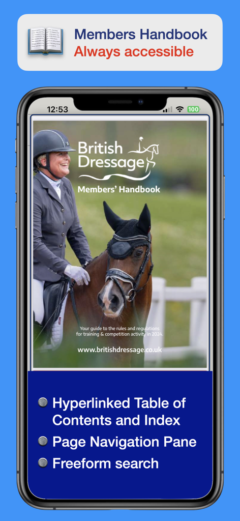 The British Dressage Members Handbook accessible on a mobile device through the TestPro app.