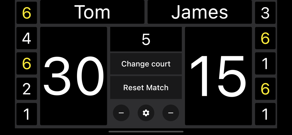 Simple Tennis Scoreboard - Tennis scoreboard app interface showing match score 30 to 15 between players Tom and James with set history.