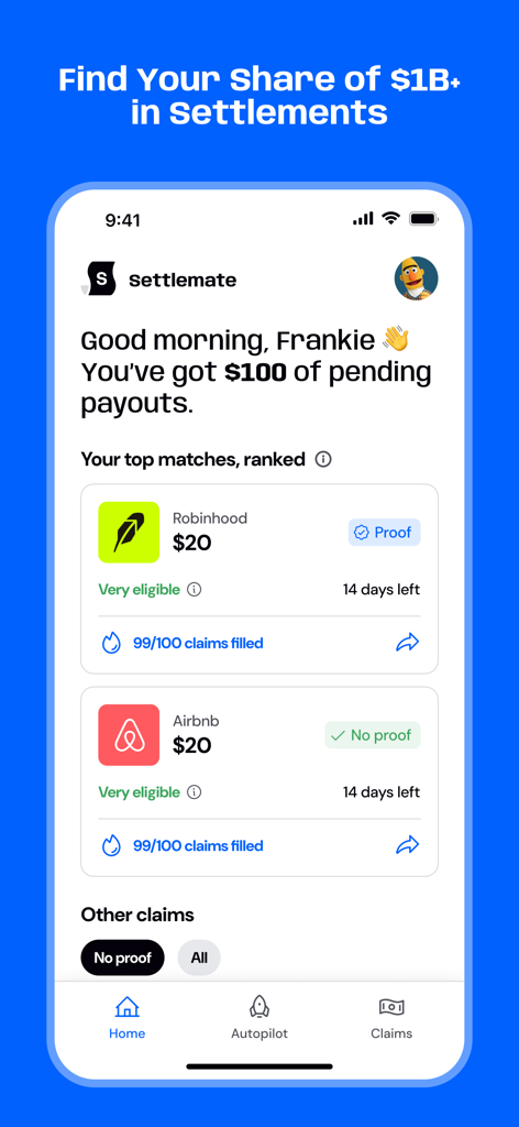 Settlemate: Class Actions - Settlemateアプリのインターフェースに、該当するクラスアクション訴訟の和解金と保留中の支払い状況が表示されています