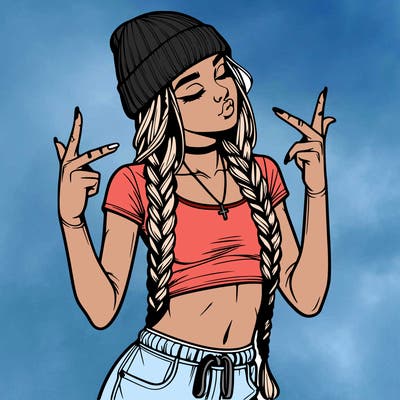 realistic teenage girl with braids and a beanie and crop top doing 🫶🏼