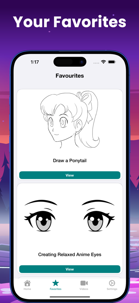 The favorites screen of the Learn to Draw Anime app showing tutorials for drawing a ponytail and relaxed anime eyes