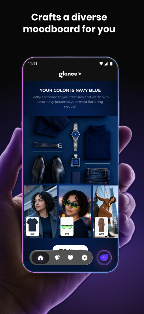 Glance - Shop with AI - A personalized fashion moodboard on the Glance app featuring navy blue clothing and AI-styled outfit recommendations.