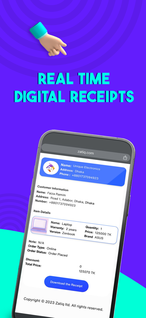 Zatiq Easy - eCommerce Builder - A mobile smartphone screen displaying a real-time digital receipt with customer information and order details from the Zatiq Easy app
