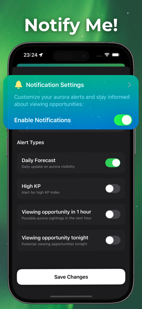 Northern Lights Tracker app notification settings screen for aurora alerts and visibility updates