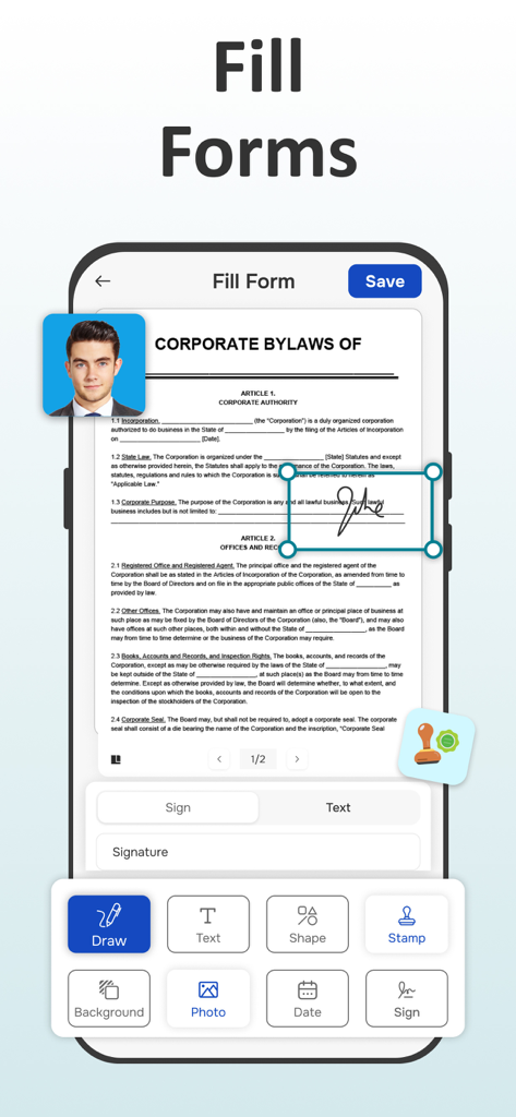 Interfaz de aplicación móvil que muestra un documento corporativo siendo firmado digitalmente y rellenado usando la aplicación Signature Maker