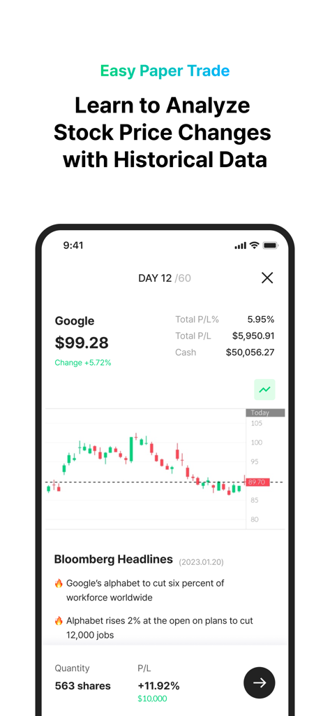 Vest Way - Investment Guide - A mobile interface of Vest Way showing paper trading with Google stock price charts and Bloomberg news headlines
