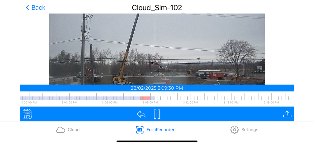 FortiCamera - FortiCamera app interface showing video playback and event timeline for a construction site.