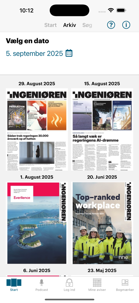 Ingeniøren e-avis - The archive screen of the Ingenioeren e-avis app showing a grid of past newspaper editions and a date picker tool.