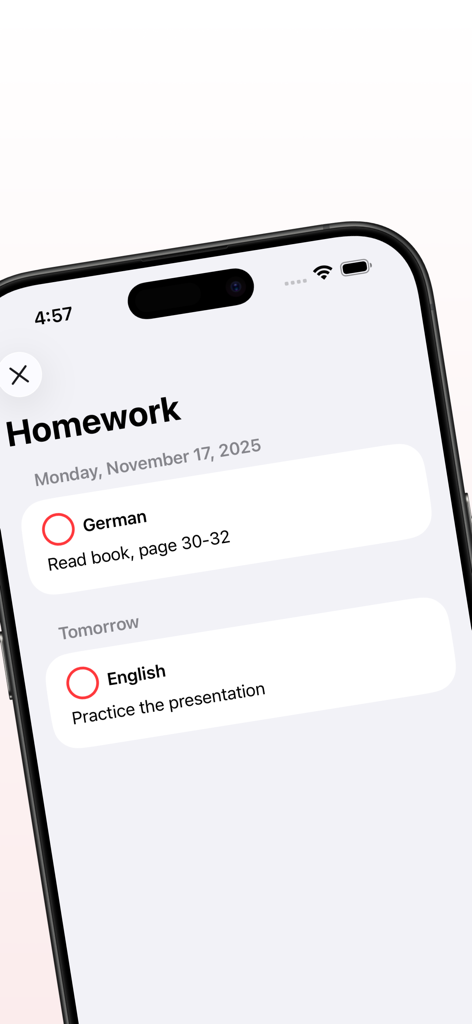 SchoolOrganizer - iPhone screen showing the homework management interface of the SchoolOrganizer app with tasks for German and English classes.